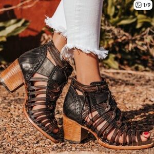 Freebird by Steven Wazee Black and Brown Strappy Leather Block Heel Sandals
